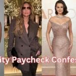 Collage of celebrities like Jennifer Lopez, , Hailey Bieber, and Selena Gomez,Kylie Jenner representing their real paycheck and earnings."