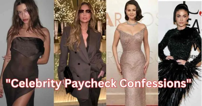 Collage of celebrities like Jennifer Lopez, , Hailey Bieber, and Selena Gomez,Kylie Jenner representing their real paycheck and earnings."